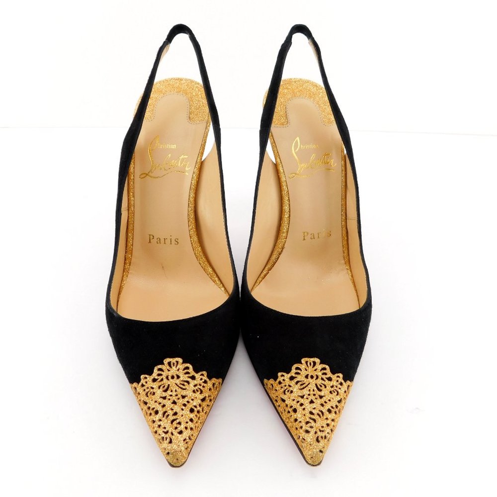 CHRISTIAN LOUBOUTIN Black Suede & Gold Glitter Sling Pumps 36.5